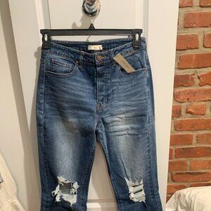 Francesca's High Rise Straight Leg Ripped Jean - Medium Wash